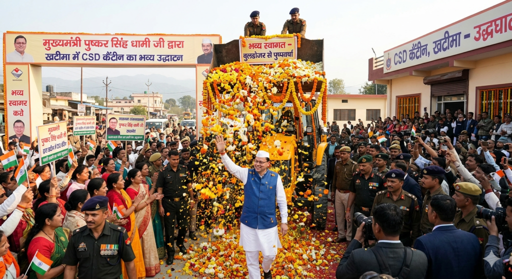खटीमा में सीएम धामी ने किया भव्य सीएसडी कैंटीन का उद्घाटन; बुलडोजर से हुई पुष्पवर्षा